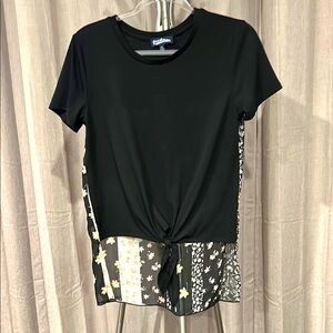 Freshman Black‎ Tie Front Short Sleeve Tee with sheer flower print in back.